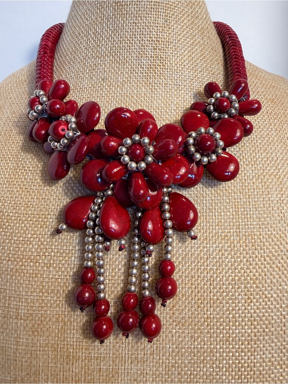 Vintage Red Floral Bib Statement Necklace